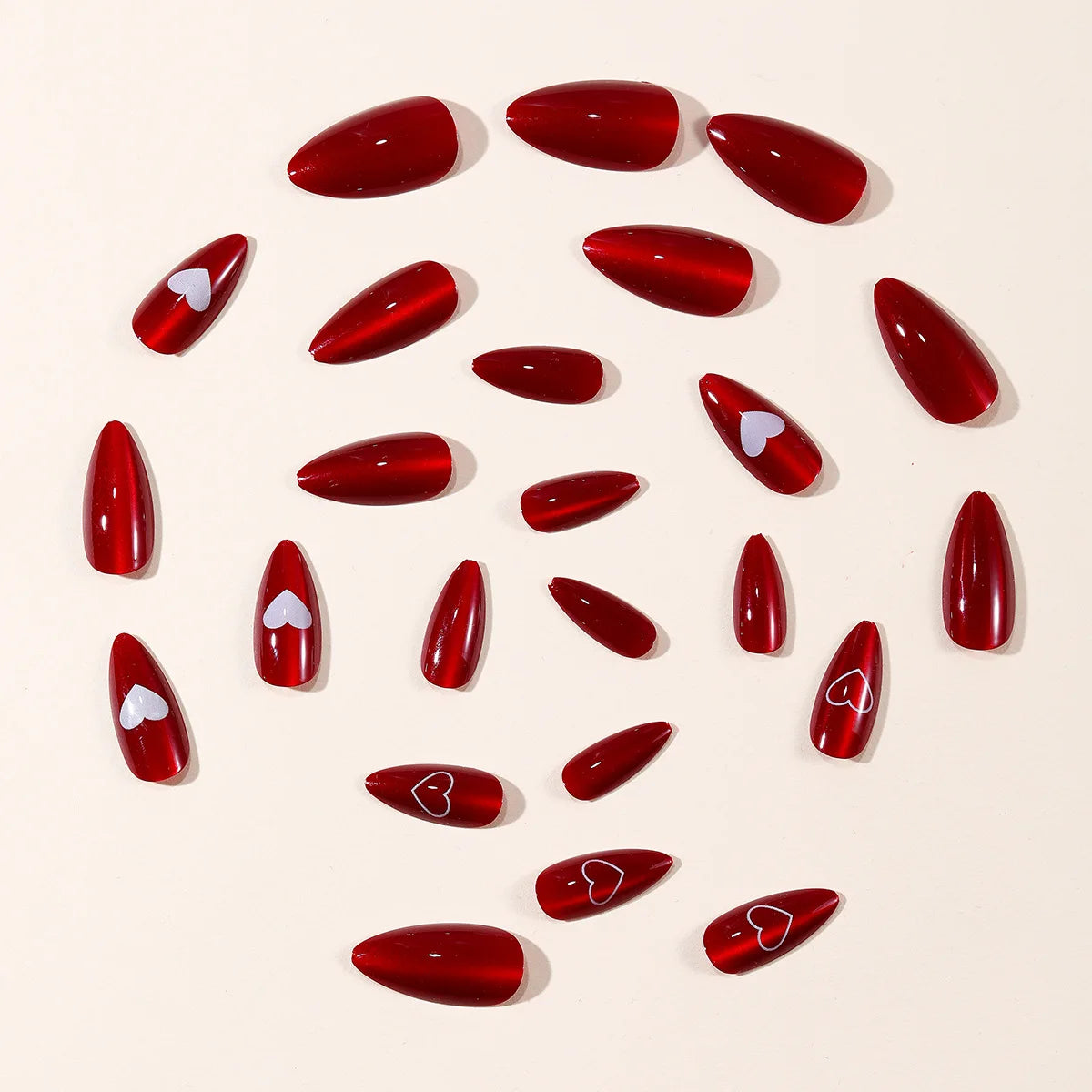 Medium fake nails for women gilrs cat eyes new year red with white heart bowknot design Square almond shape press on nails art