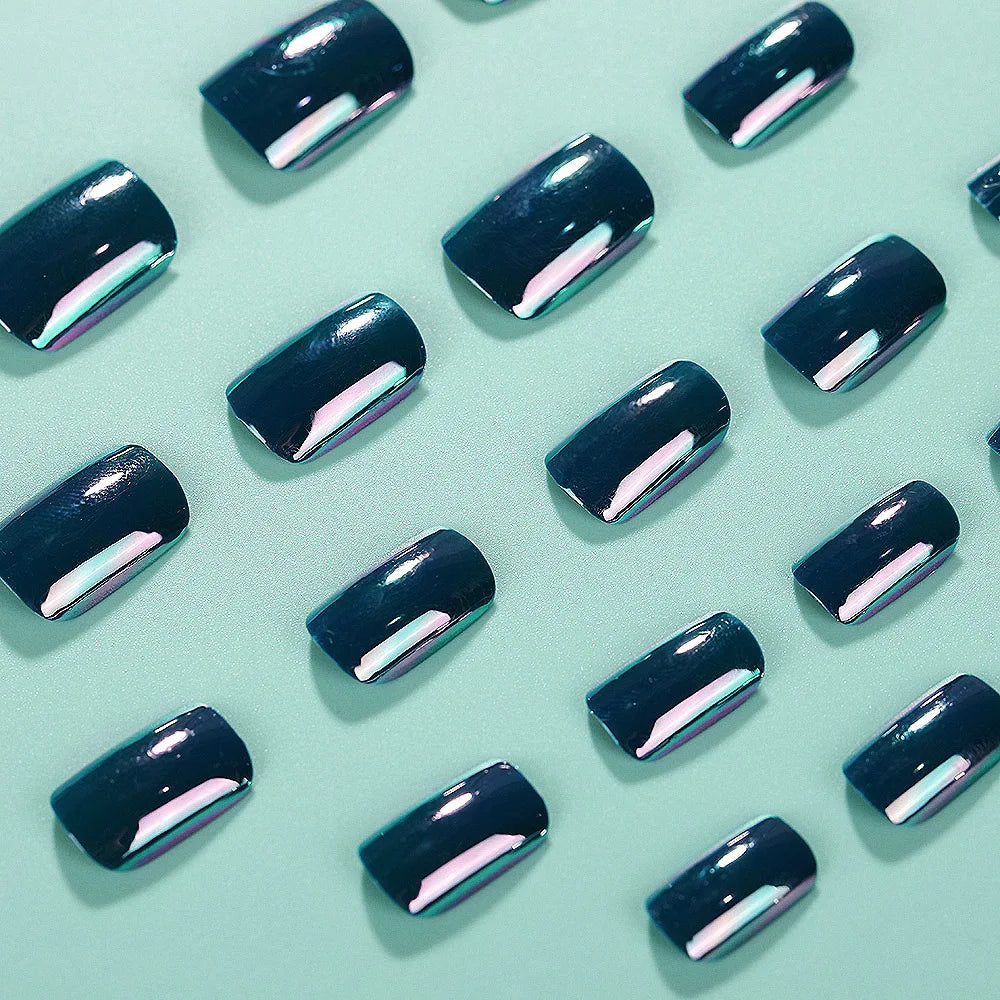 24pcs/set dark blue fake nails for women Holographic Plated glossy square nail tips full cover reusable press on false nail kit