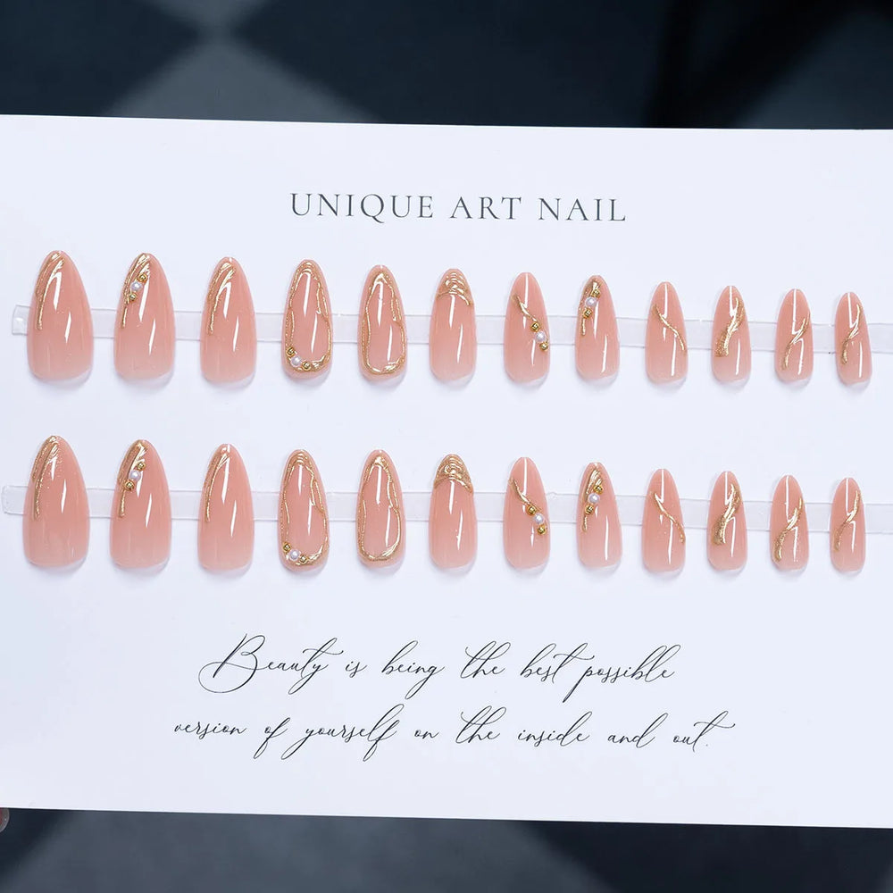 3D Nude Almond Press-On Nails with Gold Frame Stripe – Medium
