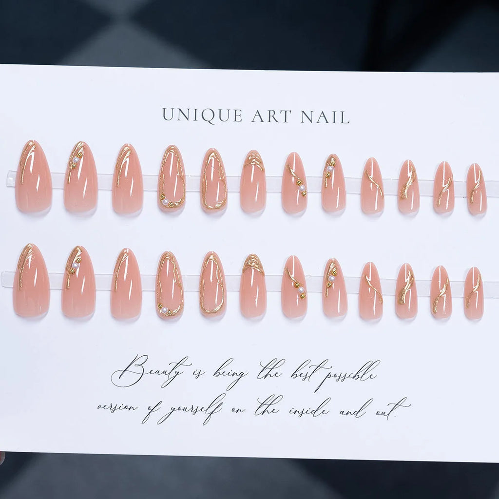 3D Medium fake nails for women gilrs Nude almond nail tips with golden frame strips full cover press on acrylic false nail art
