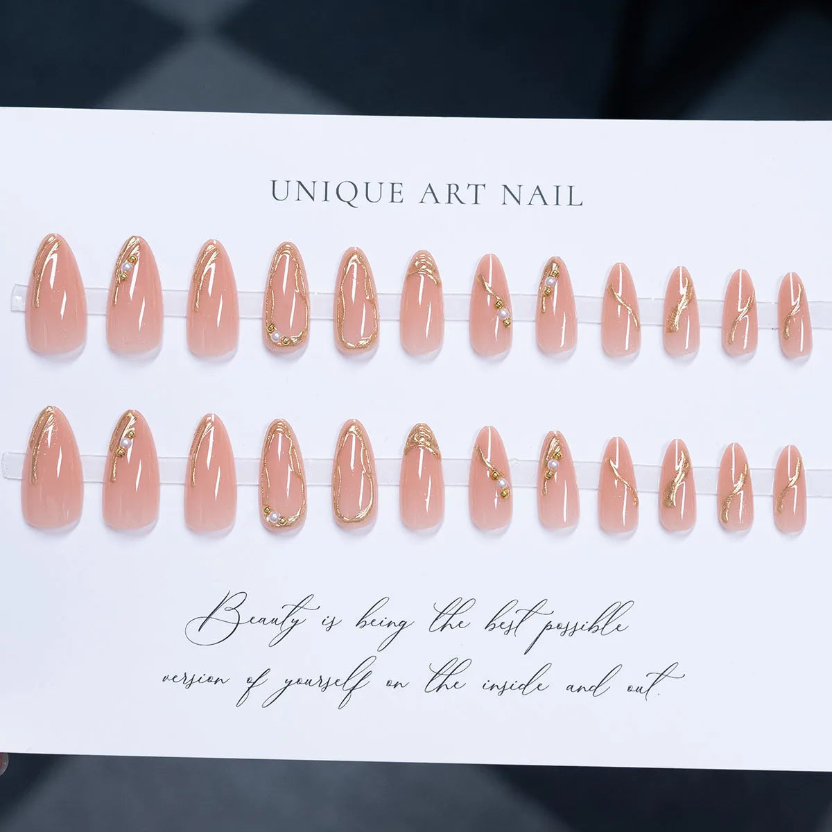 3D Medium fake nails for women gilrs Nude almond nail tips with golden frame strips full cover press on acrylic false nail art