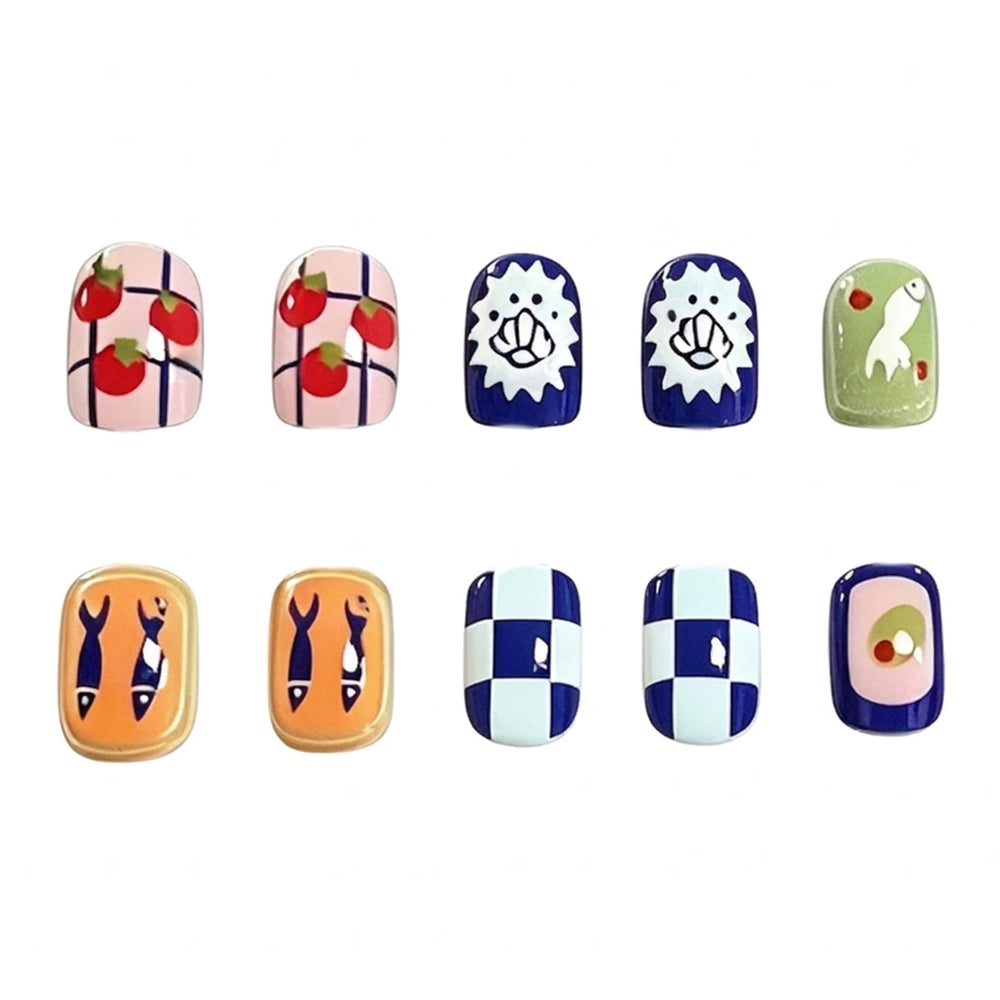 Kawaii Fruit & Fish Plaid Press-On Nails – Short Round, 24 Pcs