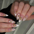 Medium fake nails for women french style Nude white almond nail tips with flowers rhinestones full cover reusable press on nails