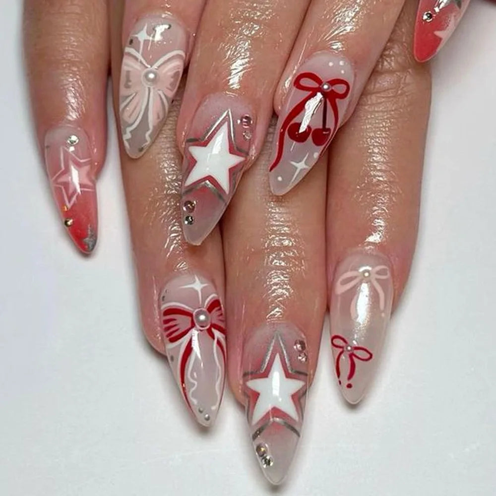 Cherry, Bow & Strawberry Blush Press-On Nails – Almond, 24 Pcs