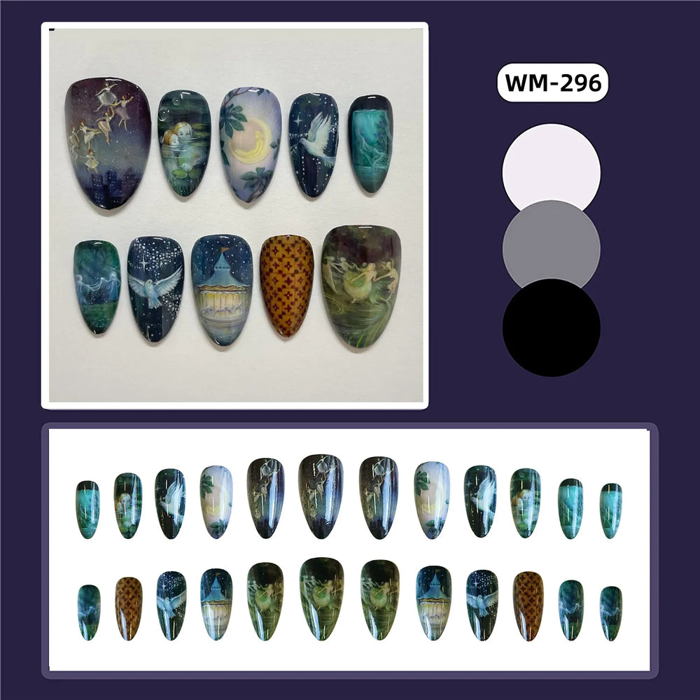 Moonlight Starry Night Art Press-On Nails – Almond, 24 Pcs