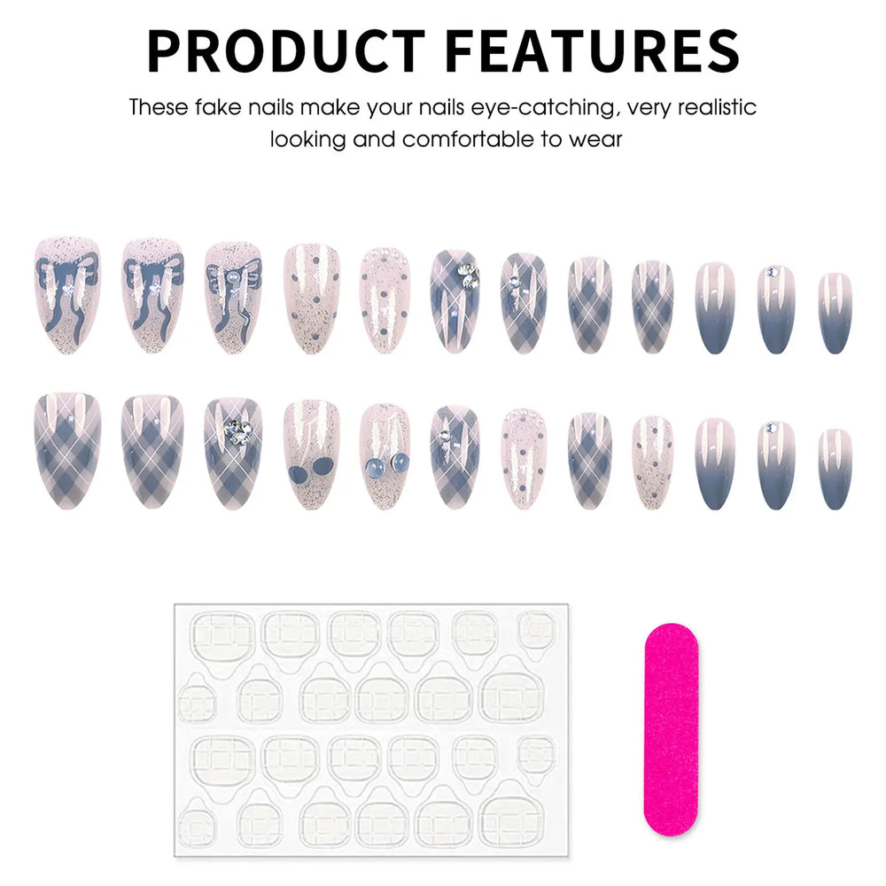 Blue-Grey Ombre Sheer Gem Press-On Nails – Almond, 24 Pcs