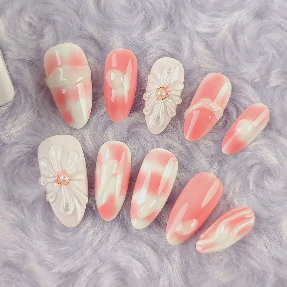 3D Colorful Summer Starfish Handmade Press-On Nails – Almond, 10 Pcs