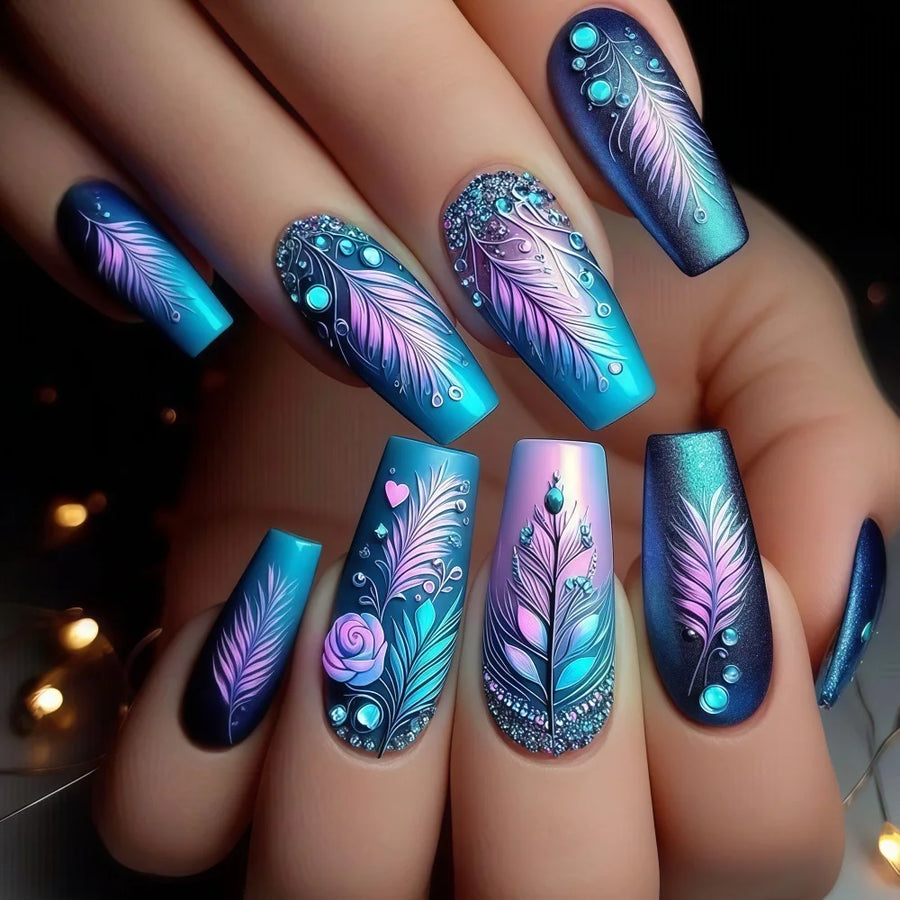 Ice Blue & Purple Floral Wave Ballet Press-On Nails – Medium Square, 24 Pcs