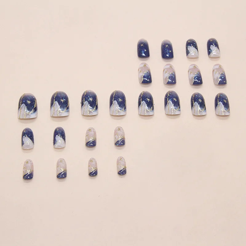 Smudged Blue Gold Star Press-On Nails – Almond, 24 Pcs