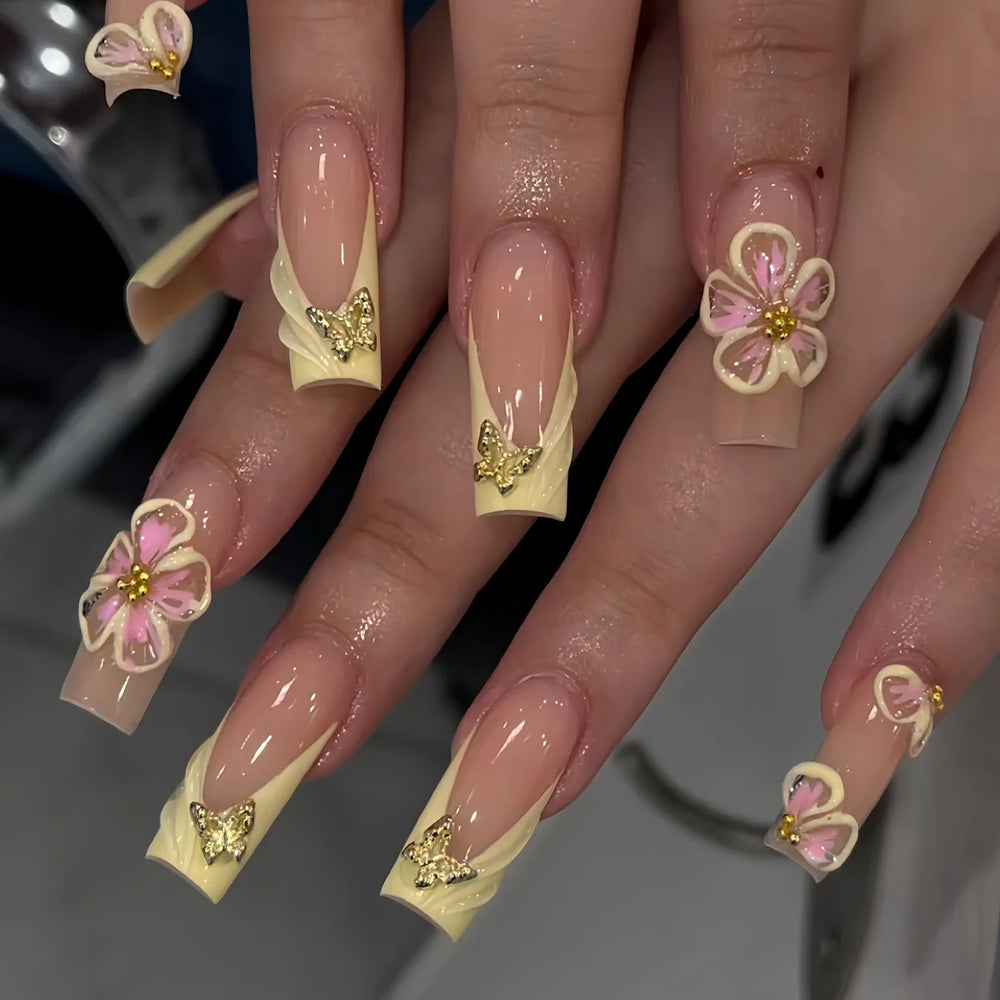 Yellow French Flower & Metal Butterfly Press-On Nails – Long Coffin, 24 Pcs