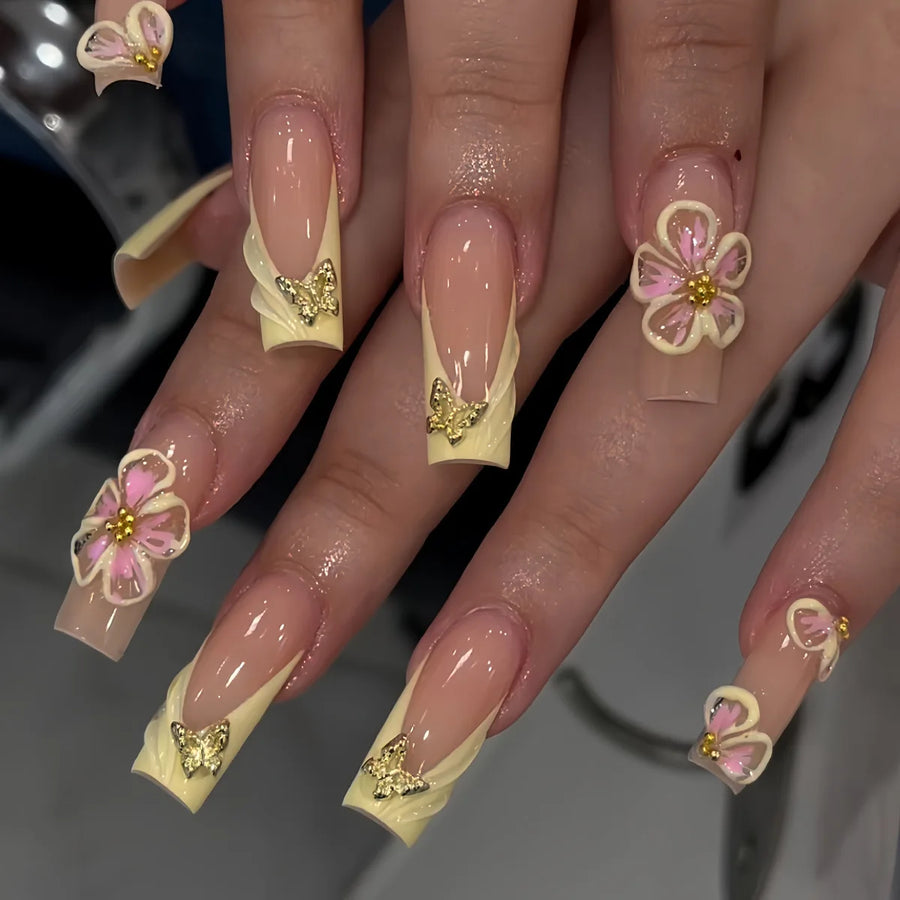 Yellow French Flower & Metal Butterfly Press-On Nails – Long Coffin, 24 Pcs
