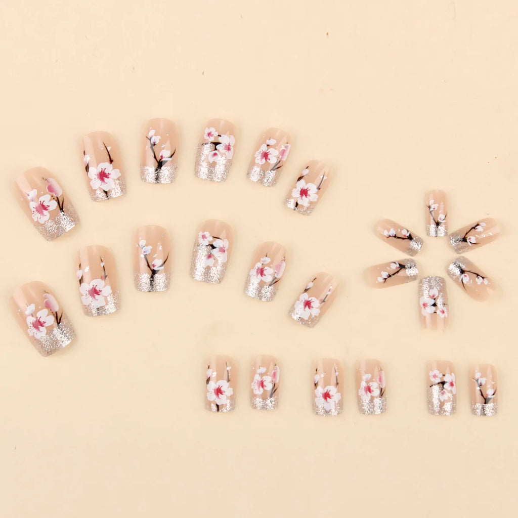 Short Medium fake nails pink peach flowers with sparkling glitters for Spring summer Square almond tips press on false nail art