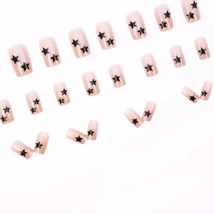 Short fake nails for women dark blue or nude nail tips with starry star design square shape full cover press on false nail set