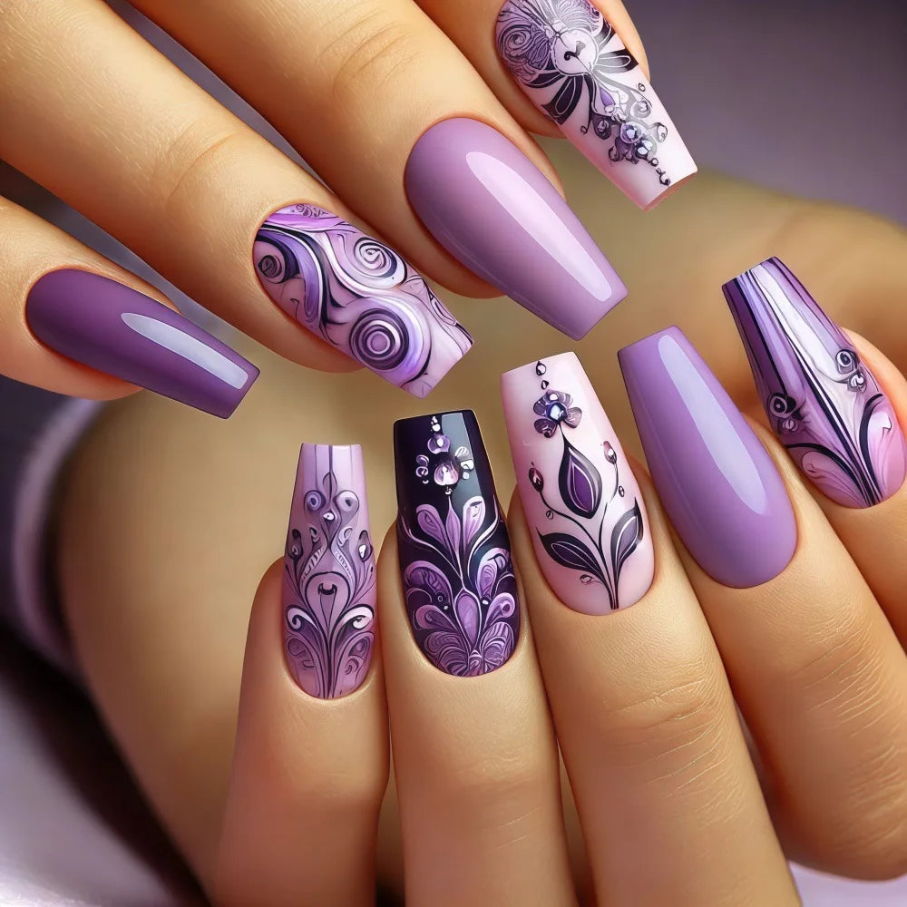 Medium Fake Nails for Women Girls Gradient Purple Colors Flowers Wave Strips Design French Ballet Nail Tips Press On False Nail