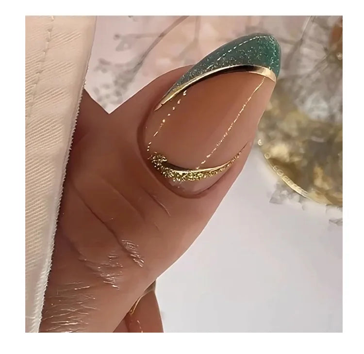 Medium fake nails for women girls nude almond nail tips with green brown leopard print french style golden strips press on nails
