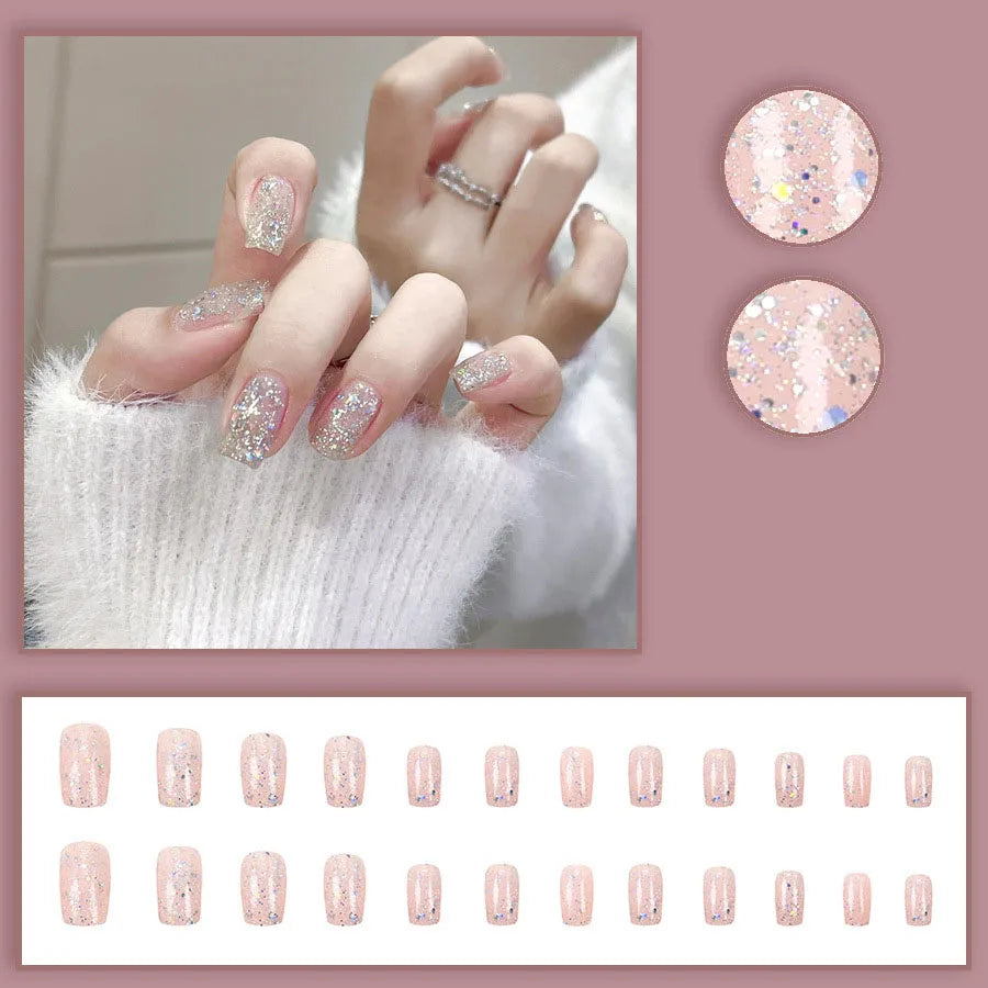 Medium fake nails for women girls full cover green nude nail tips with sparkling glitter square almond shape press on false nail