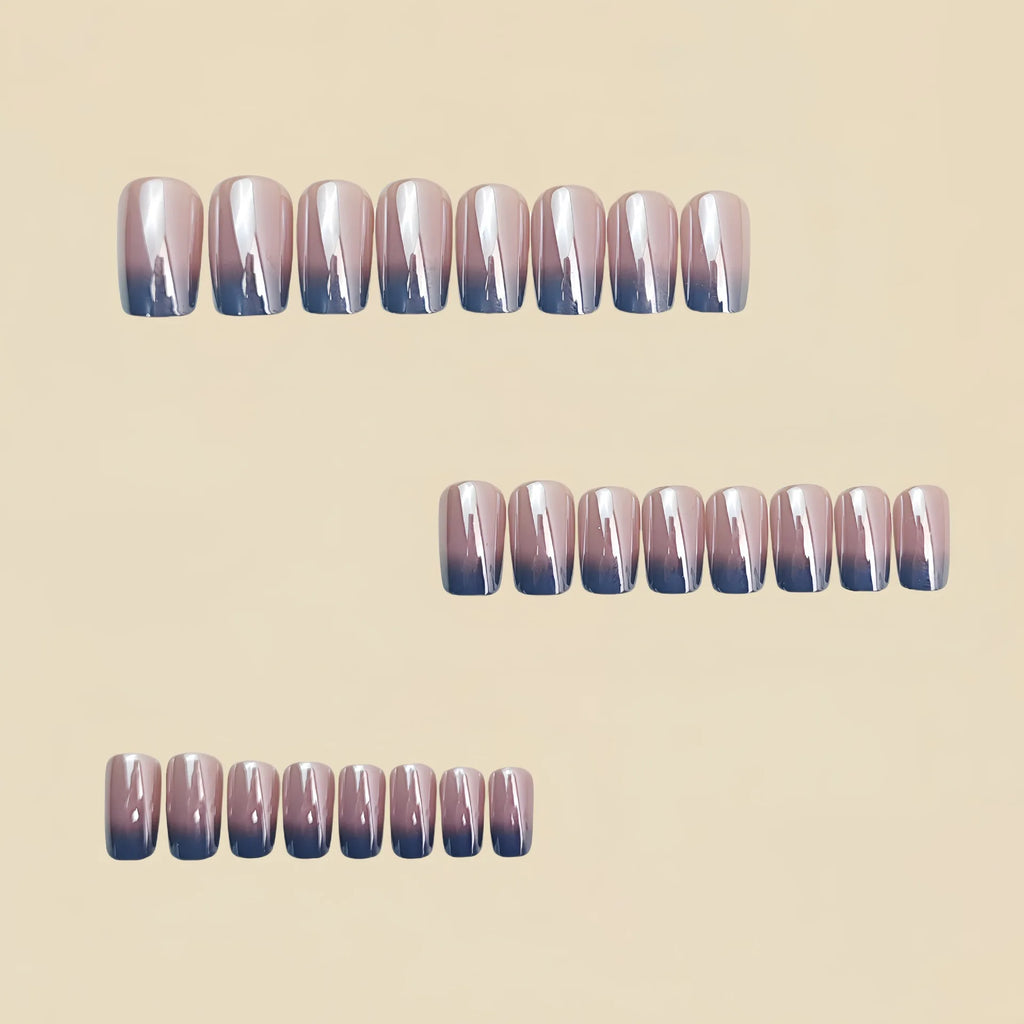 Medium long fake nails for women Gradient nude grey colors Holographic Plated french square style reusable press on false nail