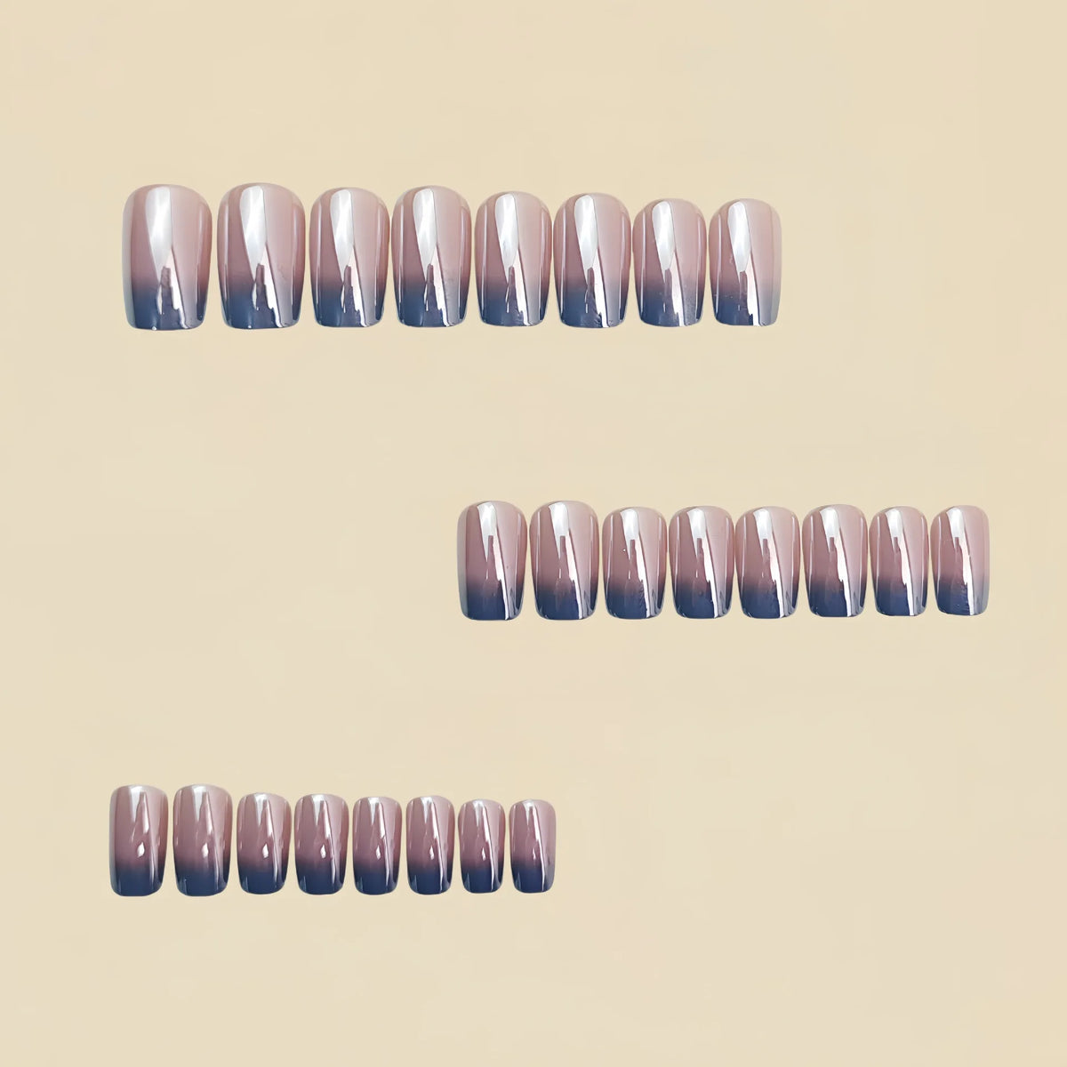 Medium long fake nails for women Gradient nude grey colors Holographic Plated french square style reusable press on false nail