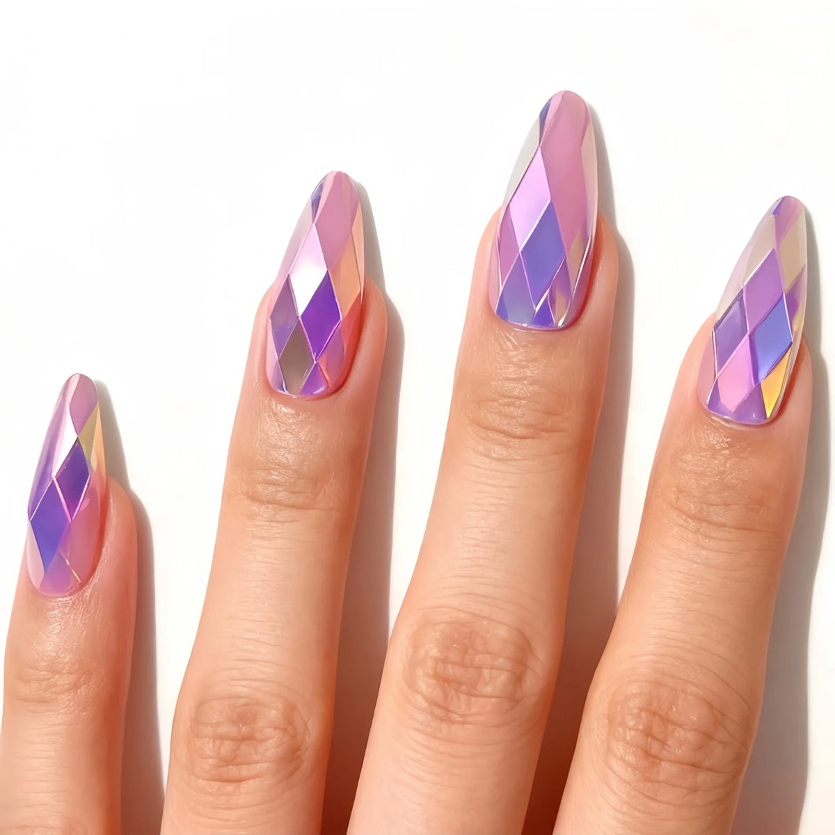 24pcs/set 3D Fake Nails for Women Girls Metallic Glossy Rhombus Purple Blue Green Aurora Almond Nail Tips Press On False Nails