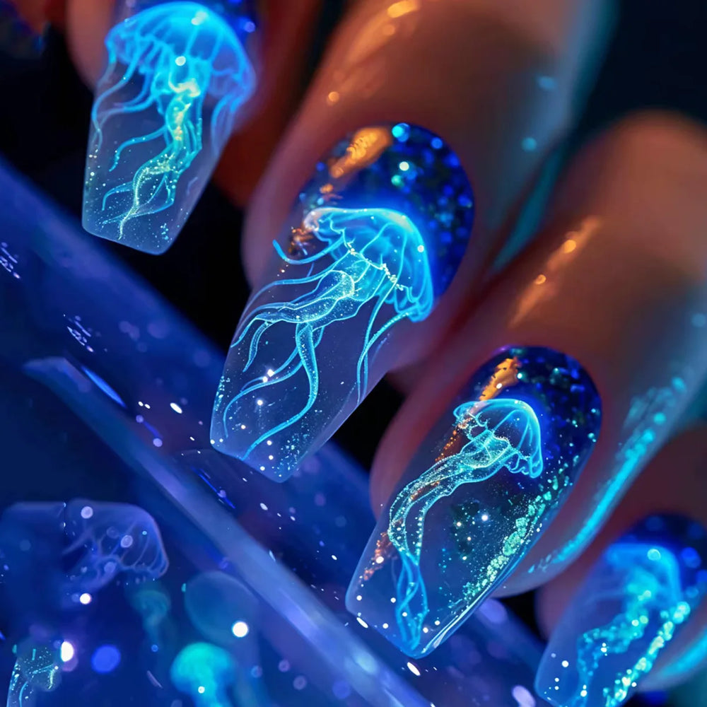 Ocean Jellyfish & Turtle Cute Animal Press-On Nails – Medium Long, 24 Pcs