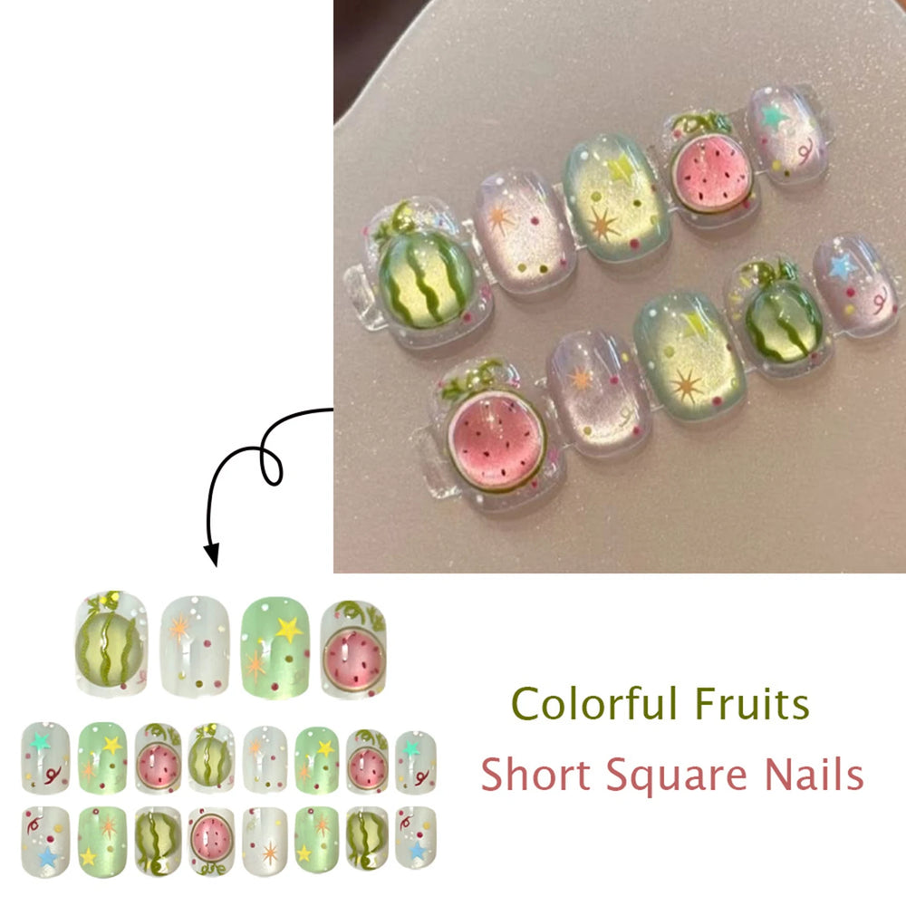 Watermelon & Star Jelly Press-On Nails – Short Round, 24 Pcs