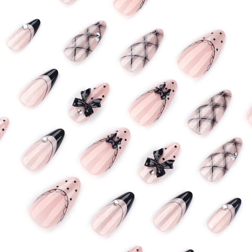 Black Bow Cat-Eye French Press-On Nails – Almond, 24 Pcs