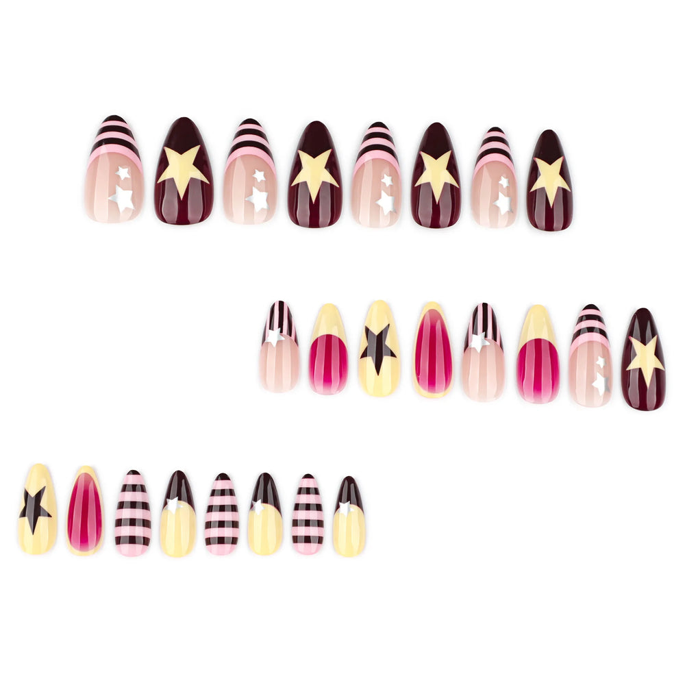 Colorful Star & Stripe French Y2K Press-On Nails – Almond, 24 Pcs