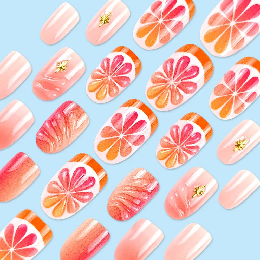 Short fake nails for women gilrs gradient orange pink 3D embossed flowers fruit design for Spring summer press on nails art