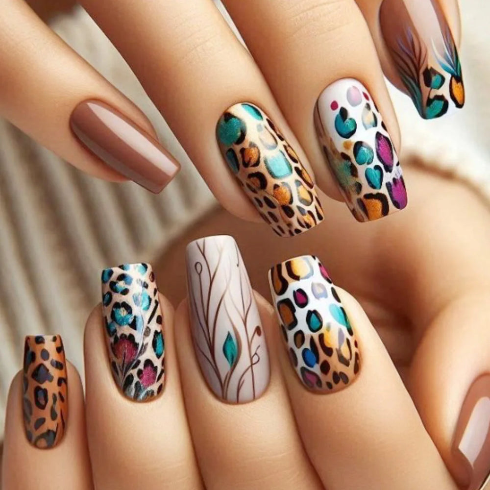 Y2K Leopard & Flower Square Ballet Press-On Nails – Medium Long, 24 Pcs