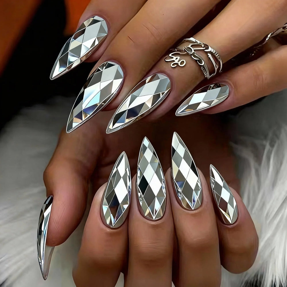 3D Holographic Metallic Rhombus Almond Press-On Nails – Rose Gold Silver Champagne