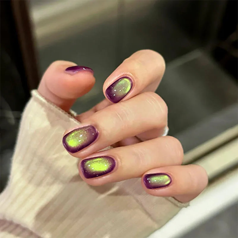 24pcs/30pcs/set short medium fake nails cat's eye flash square nail tips gradient Pink yellow blue purple press on false nails