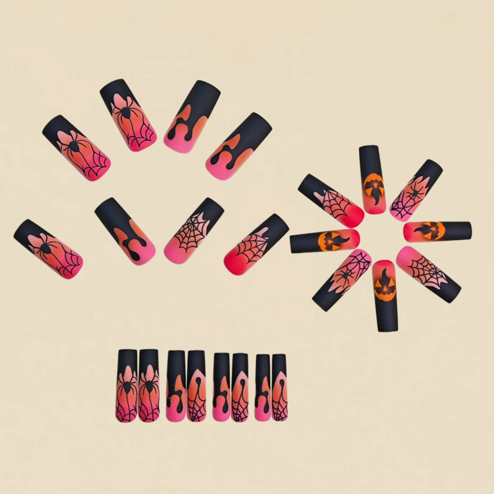 Pink Ombre Pumpkin & Spider Web Press-On Nails – Long Coffin, 24 Pcs