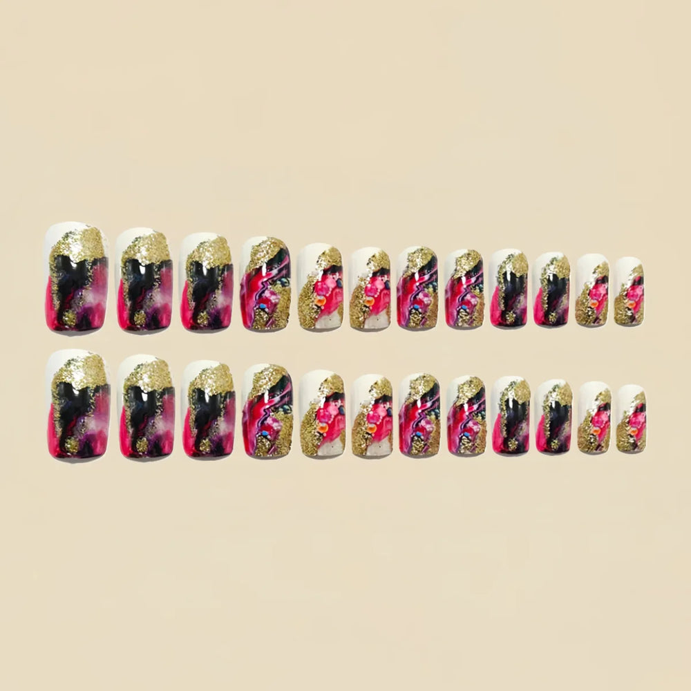 Pink Black White Marble Gold Foil Press-On Nails – Medium Square