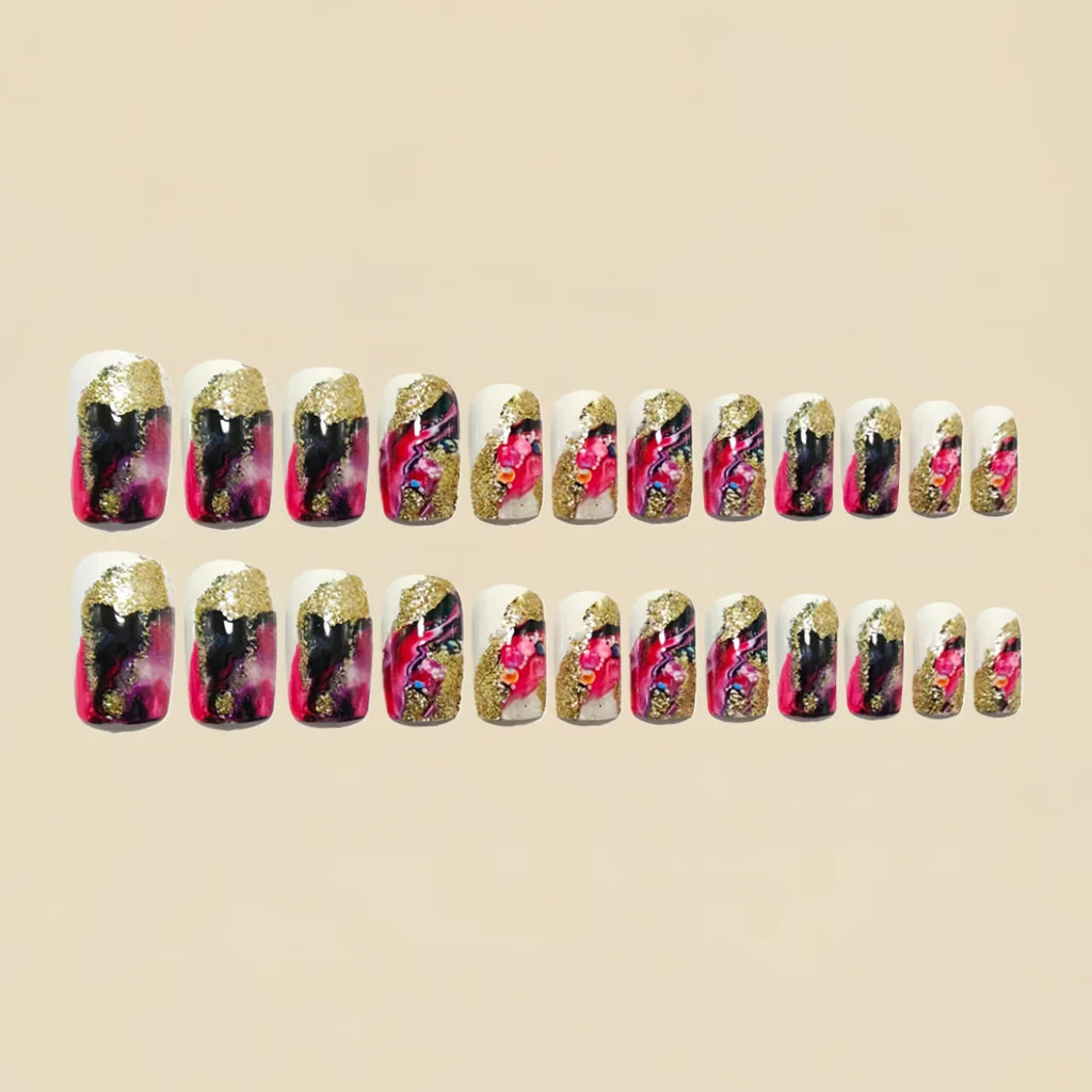 Medium fake nails for women gilrs gradient pink black white marble strips with golden foil design square nail tips press on nail