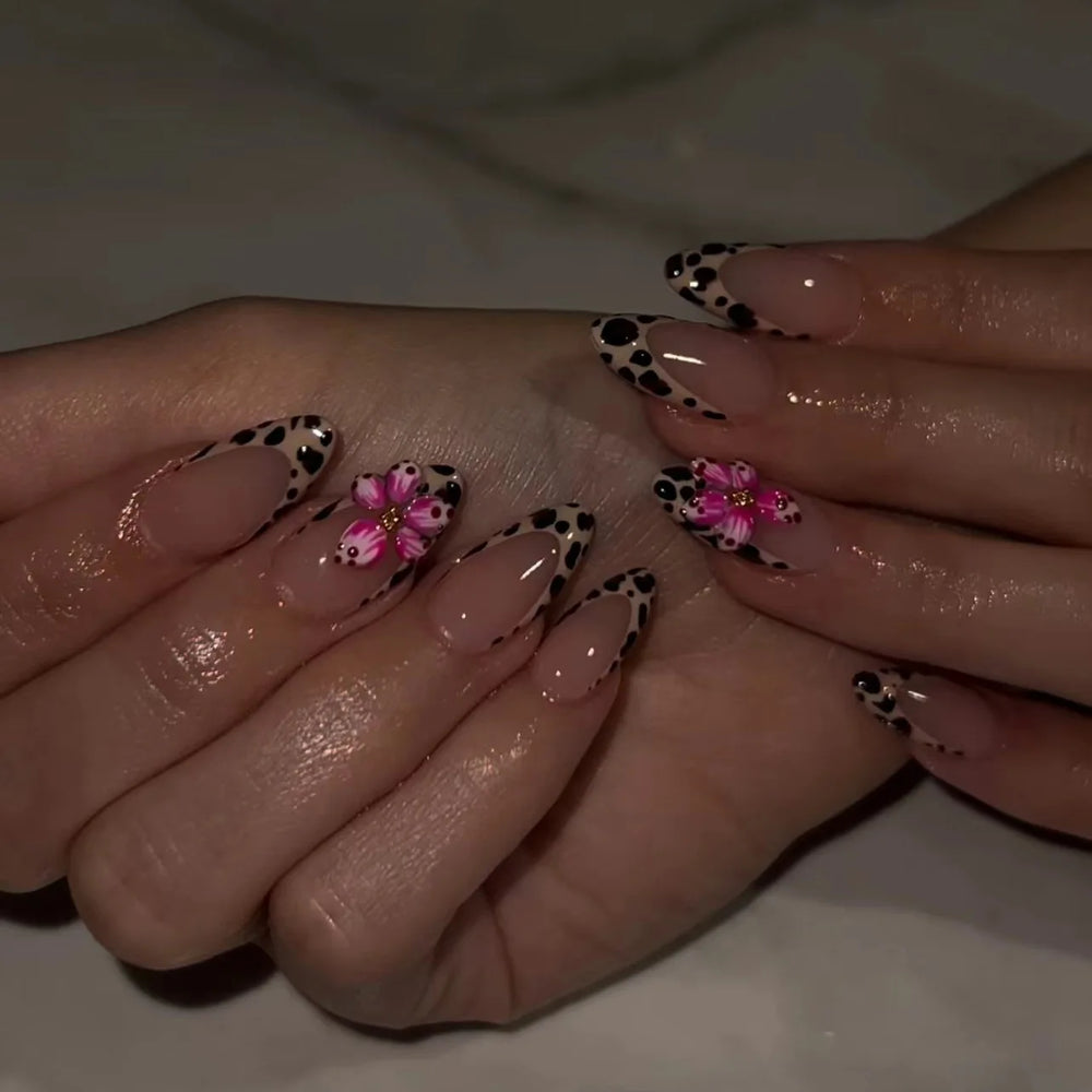 Leopard & Floral French Tip Press-On Nails – Almond, 24 Pcs