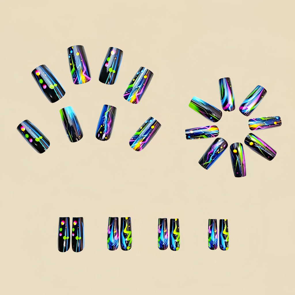 Medium long fake nails for women Y2K colors gradient green blue black starry lightning design full cover press on false nail