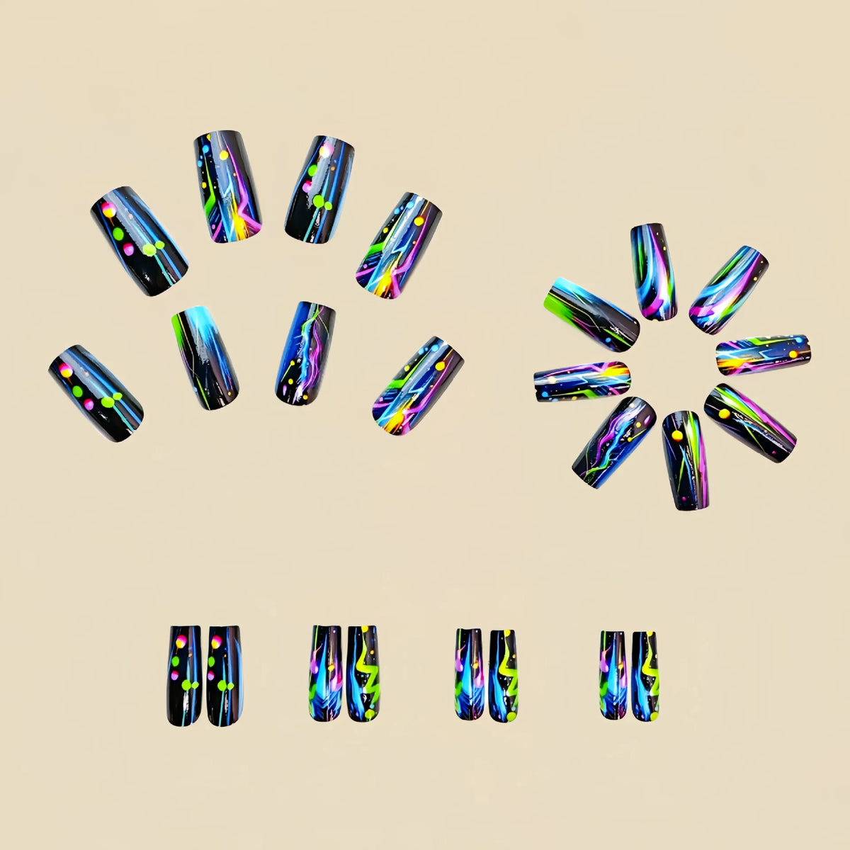 Medium long fake nails for women Y2K colors gradient green blue black starry lightning design full cover press on false nail