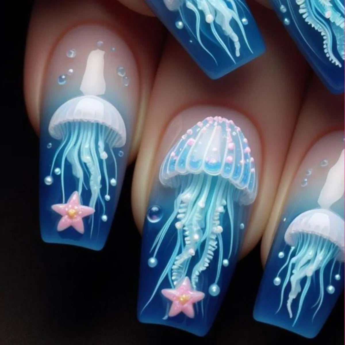 24pcs/set Medium Long Fake Nails for Summer Gradient Blue Ocean Jellyfish Water Plan Fish Cute Square Tips Press On False Nail