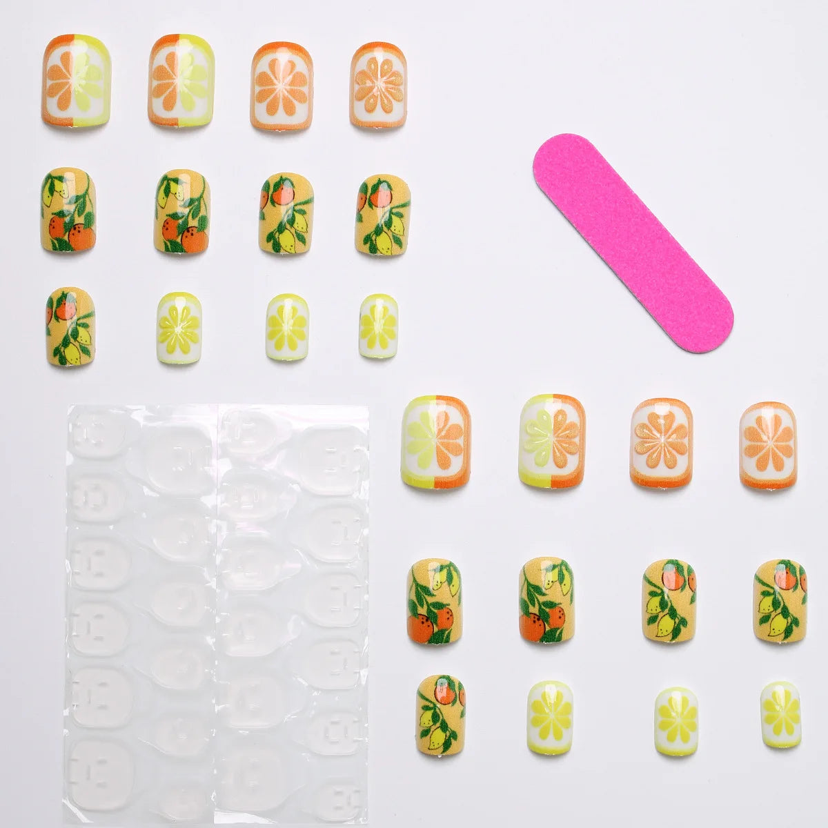 Short fake nail for women yellow orange colors with fruit printing Square nail tips full cover reusable press on false nail art