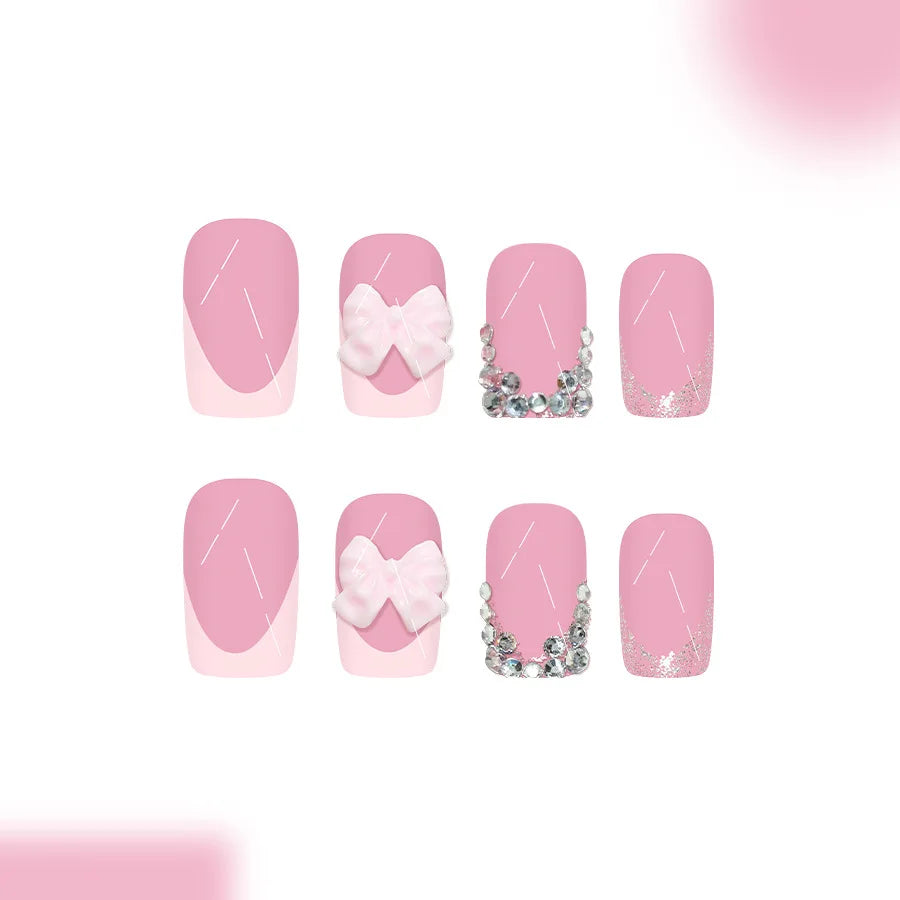 Short Medium fake nails for women girls french style Nude pink square almond nail tips with bow rhinestones press on false nail