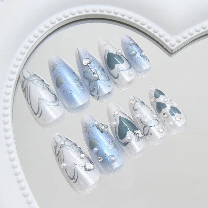 Dream Blue Y2K Chrome Heart & Butterfly Press-On Nails – Almond, 24 Pcs