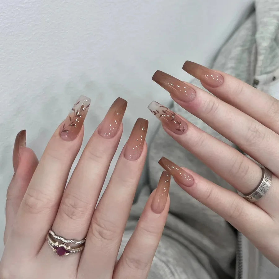 24pcs/set Medium long fake nail for Autumn Winter fashion maple leaves flowers brown green white pink tips press on false nail