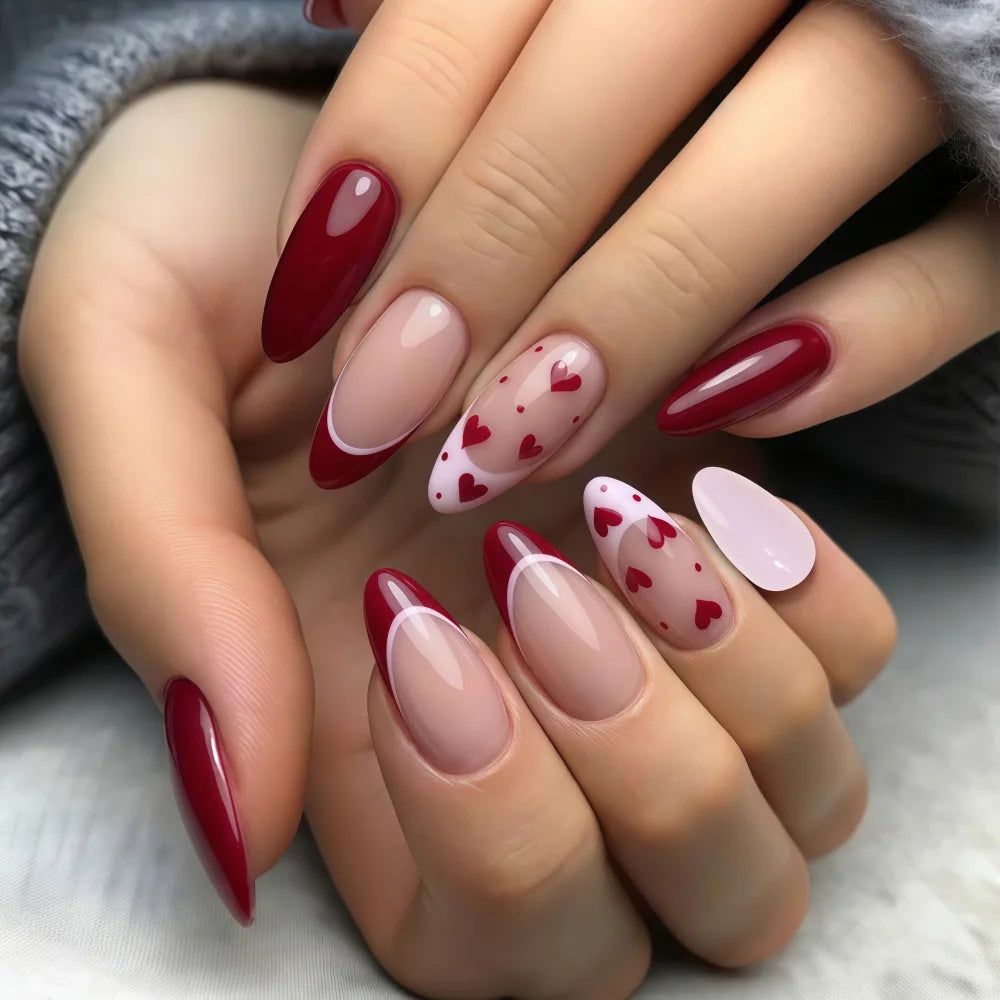 24pcs/set Fake Nails for Women Girls Chocolate Red Heart Design for Valentine's Day Almond Nail Tips Press On False Nail Art Set