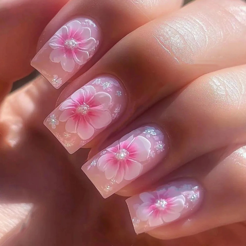 Short Medium long fake nails for women Gradient purple Pink red flowers butterfly Y2K Square summer tips press on false nails