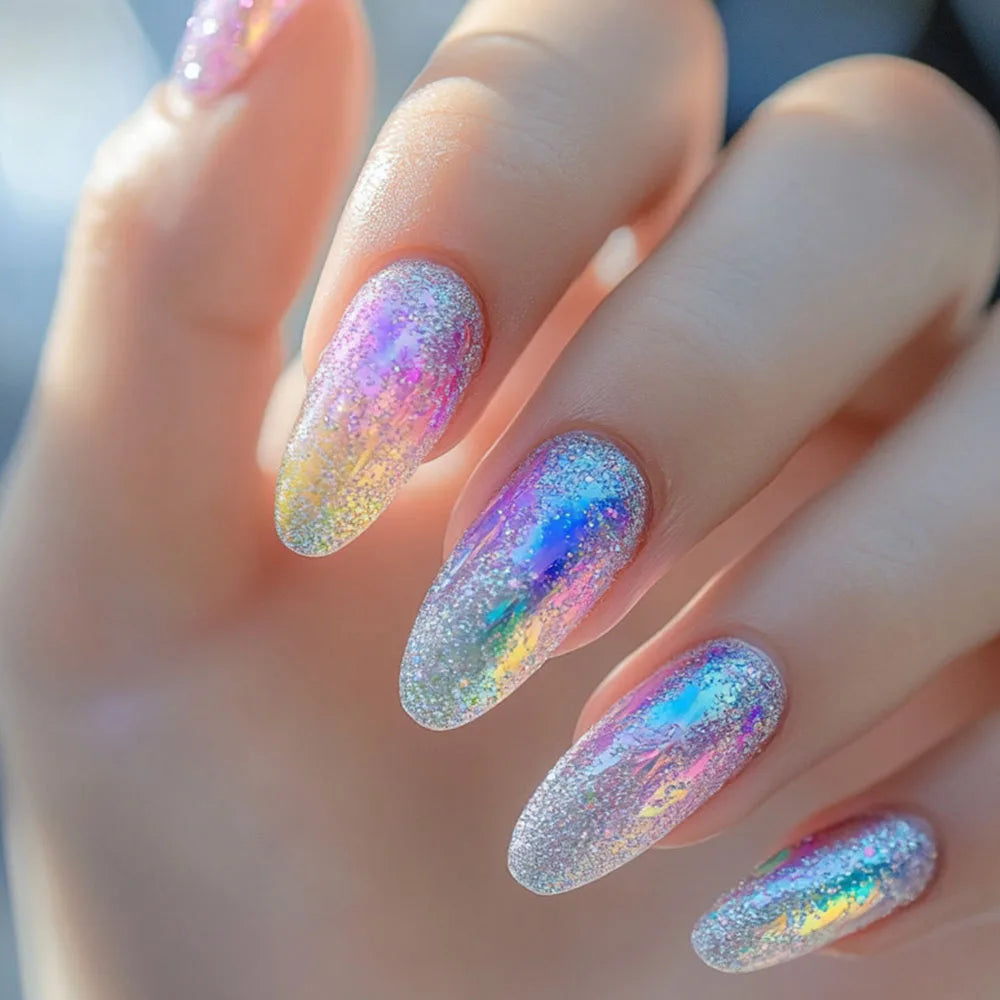 24pcs/set Medium long fake nails for summer season gradient dream blue golden Pink flash star wave lines press on false nail art