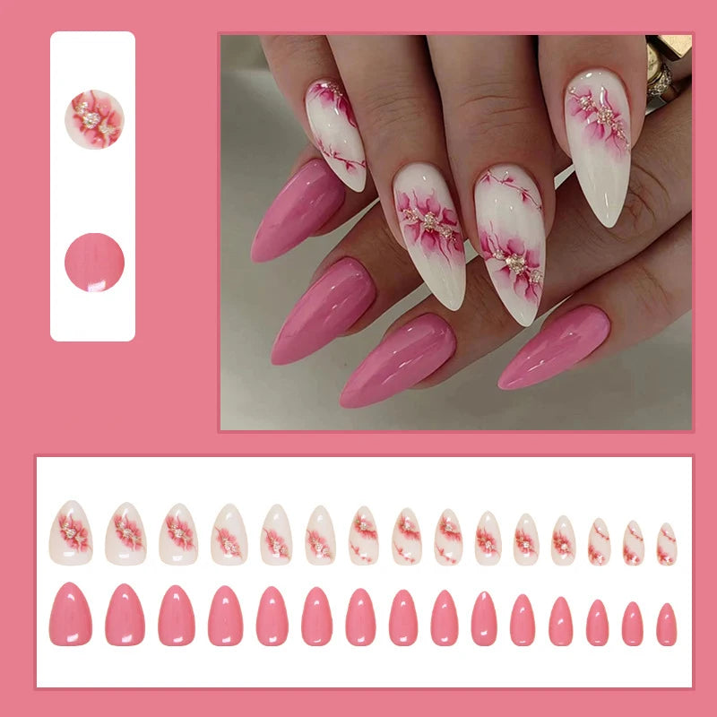 Short Medium fake nails pink peach flowers with sparkling glitters for Spring summer Square almond tips press on false nail art