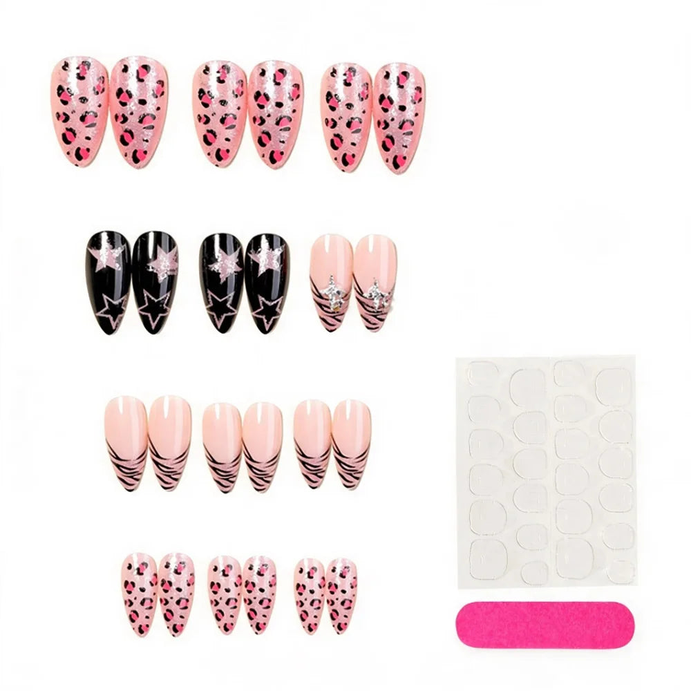 Medium fake nails for women pink leopard star printing with sparkling glitters Almond nail tips full cover press on false nail