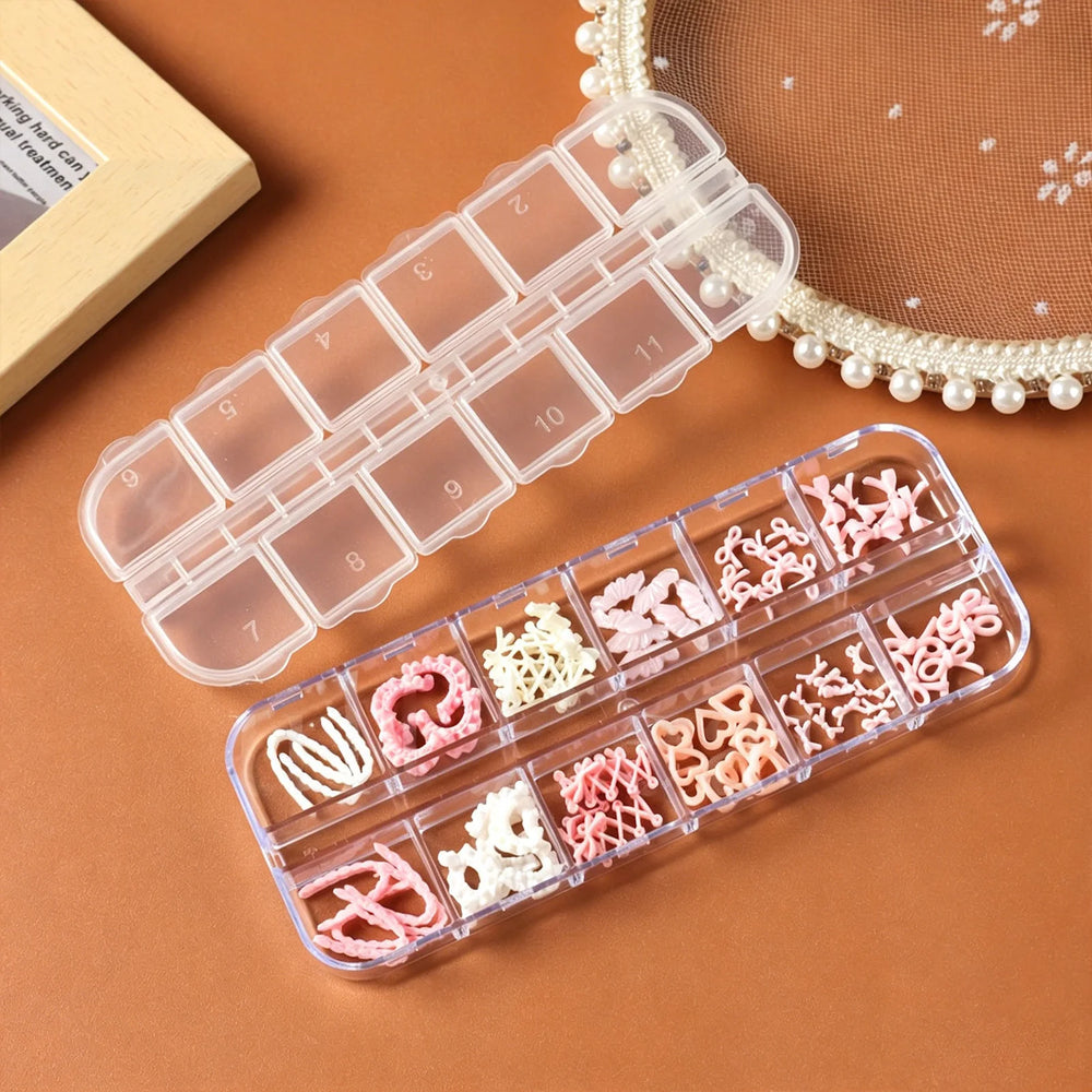 Pink Ballet 3D Bow & Heart Nail Charms – 12-Grid Box