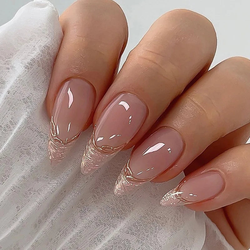 24pcs/set Medium fake nails for women girls almond nail art tips nude red french style golden strips press on false nail art