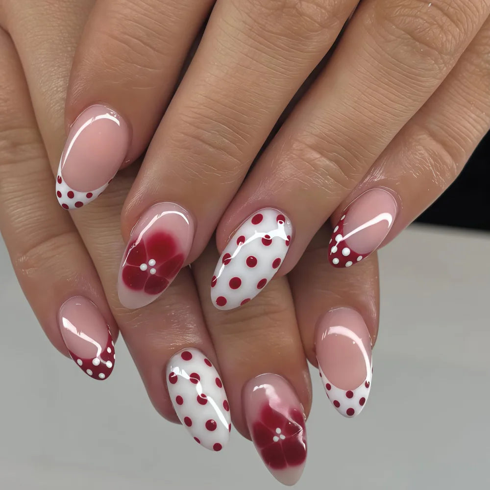 Medium fake nails gradient red pink white fashion Polka dots design full cover french Almond nail tips press on false nail art